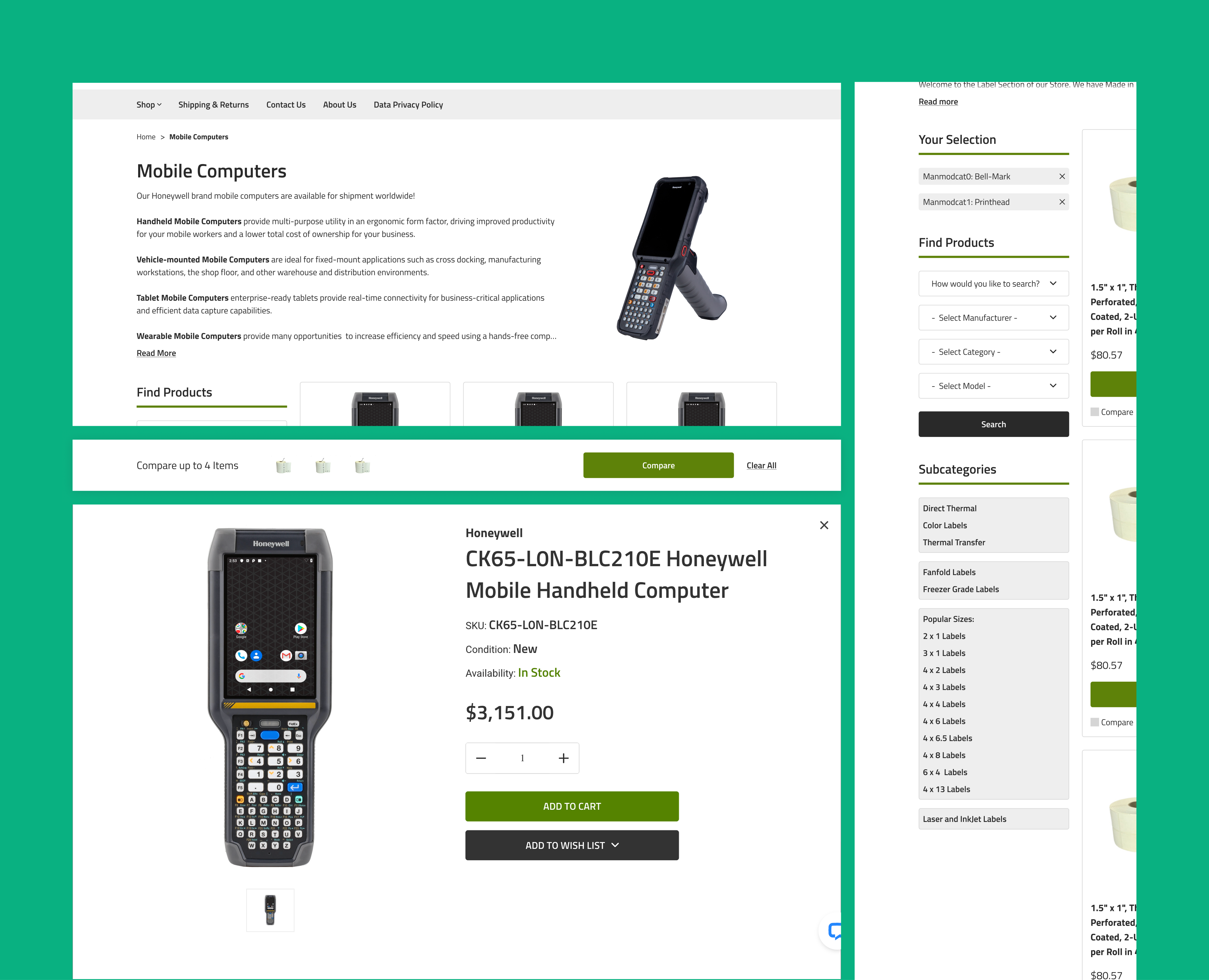Product category page with filtering and comparison tool