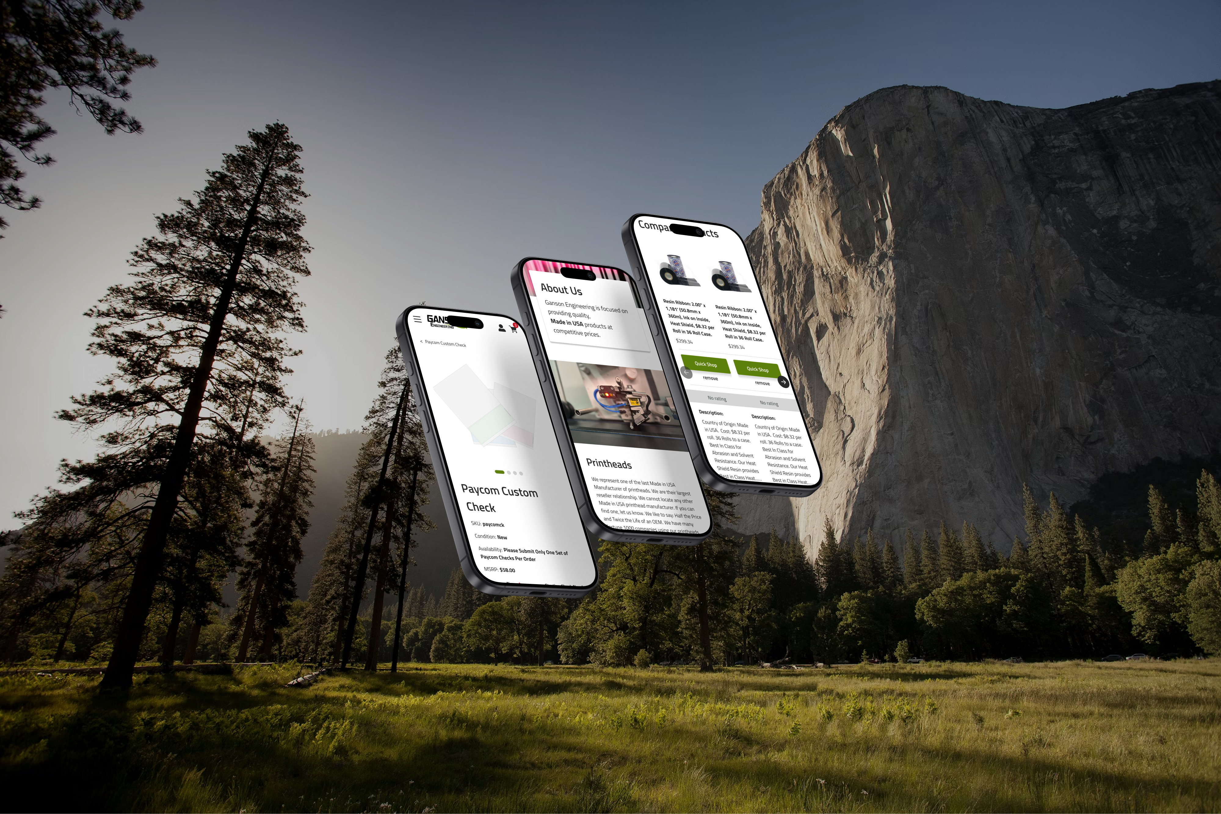 Additional screens: product detail, about us, compare products on mobile